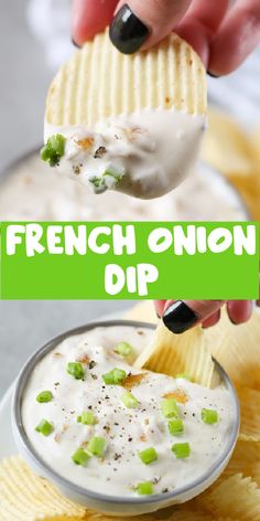 Homemade French Onion Dip is the perfect party snack! It’s a creamy, tangy dip filled with caramelized onions. Dip chips or veggies!