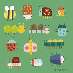 a collection of cute little bugs and caterpillars on a green background with the words sallyframe