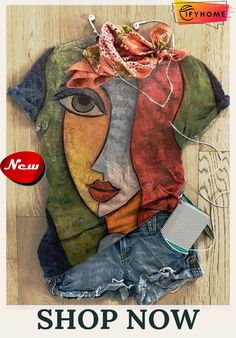 Crew Neck Casual Short Sleeve Printed Top Plus Zise, India And Pakistan, America And Canada, Abstract Faces, Unique Designers, Summer Colors, Summer Tops, Colorful Fashion, Abstract Print