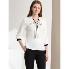 Allegra K Women's Elegant Chiffon Blouse Bow Tie V Neck 3/4 Sleeve Work Office Shirt. This soft chiffon fabric shirt drapes beautifully and ensures you stay comfy all-day long. The tie neck adds office-inspired sophistication, while soft fabric gives it an elegant and feminine shape. Stylish Bow tie v neck blouse from Allegra K is a perfect choice for work, office and daily wear. Simple and delicate, this blouse features bow tie neck, 3/4 sleeve with contrast trim. This nice and neat blouse give Satin Blouse Shirts, Women's Office, Office Blouse, Office Shirt, Half Sleeve Shirts, The Office Shirts, Elegant Blouses, Work Tops, Womens Tie