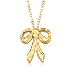 Ross-Simons - Italian 18kt Gold Over Sterling Bow Pendant Necklace. 18". Direct from Italy, our darling 18kt yellow gold over sterling silver bow necklace is right on trend. Uplift your look with this pretty ribbon pendant, bright with a high-polished finish and suspended from a classic rolo chain with a 2" extender. Lobster clasp, 18kt gold over sterling bow pendant necklace. Gold Necklace With Ribbon Perfect For Gifts, Gold Necklace With Ribbon For Gift, Elegant Gold Necklace With Ribbon, Elegant Yellow Gold Jewelry With Ribbon, Formal Gold Necklaces With Ribbon, Formal Gold Necklace With Ribbon, Formal Gold Ribbon Necklace, Yellow Gold Bow Jewelry For Anniversary, Yellow Gold Bow Jewelry For Formal Occasions