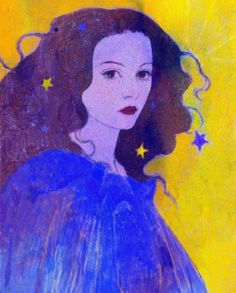 a painting of a woman with stars on her head and blue dress in front of a yellow background