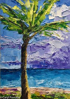 an acrylic painting of a palm tree in front of the ocean with purple clouds