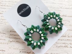 Handmade christmas polymer clay earrings. Mistletoe wreath holiday jewelry. Light weight and very comfortable to wear! All the metals are hypo-allergenic and nickel free. Treat the earrings gently, do not bend. Store in a clean and dry place. Mistletoe Wreath, Wreath Earrings, Christmas Mistletoe, Gifted Hands, Holiday Jewelry, Craft Sale, Modern Christmas, Holiday Wreaths, Xmas Gifts