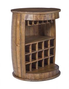 a wooden wine rack with many bottles on it's sides and shelves in the middle