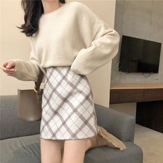 Korean Fashion Chic Sweater Plaid Skirt Set ON261 Korean Fashion Chic, Short Semi Formal Dresses, Plaid Skirt Set, Egirl Clothes, Plaid Pencil Skirt, Mini Pencil Skirt, A Line Shorts, England Fashion, Chic Sweaters