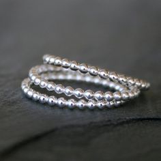 Three Sterling Silver Bead Band Rings, Stackable Set of Three, Stacking Beaded Dot Rings Spacer Band Adjustable Stacked Sterling Silver Jewelry, Adjustable Ring With Silver Beads, Adjustable Stackable Silver Bands, Minimalist Silver Rings With Round Beads, Silver Rings With Spacer Beads As Gift, Silver Rings For Gifts, Set Of Rings, Rings Hand, Bead Rings