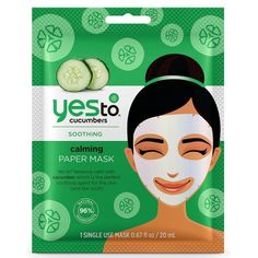 Say Yes To keeping calm with cucumber which is the perfect soothing agent for the skin (and the soul)! The single-use Yes To cucumbers paper mask soothes and calms sensitive skin, leaving it hydrated and refreshed. This paper face mask is perfect for soothing sensitive skin, leaving your face soft and moisturized. To use, gently unfold the mask and apply it to clean, makeup-free skin. Adjust around your eyes, nose, and mouth, smoothing to fit the curves of your gorgeous face. Close your eyes and Paper Face Mask, Cucumber Face Mask, Cucumber For Face, Face Mask For Blackheads, Blackhead Mask, Tumeric Face Mask, Green Tea Mask, Face Mask Recipe, Charcoal Mask