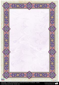 an ornate frame with purple and blue flowers on the border, in front of a white background