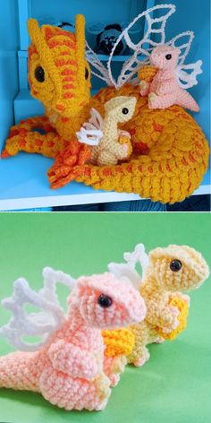 three crocheted animals sitting next to each other on top of a green surface