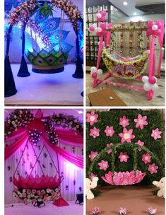 four different types of flower decorations in various stages of being used for wedding and party decor