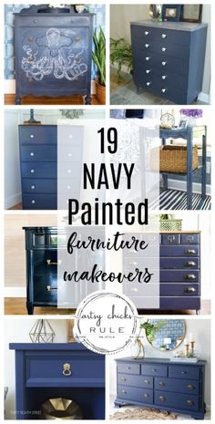 navy painted furniture makeovers with text overlay