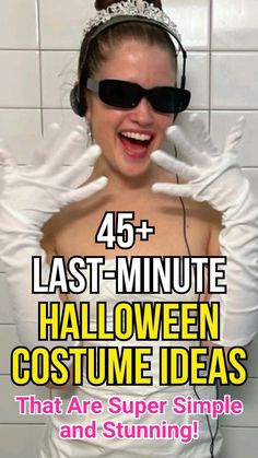 a woman wearing headphones and holding her hands up in the air with text that reads 45 last - minute halloween costume ideas that are super simple and stunning