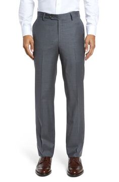 Stretch-infused wool gabardine defines handsome trousers crafted in a crisp, versatile flat-front cut. 16 1/2" leg opening; 9 1/4" front rise; 14 3/4" back rise Zip fly with button-tab closure Slant pockets; back button-closure welt pockets Unhemmed. These trousers can be hemmed for free at your local Nordstrom. Find a store Lined to the knee 98% wool, 2% spandex Dry clean Imported Men's Clothing Elegant Straight Fit Formal Pants, Elegant Straight Fit Bottoms For Fall, Wool Full Length Formal Suit, Fitted Solid Color Dress Pants For Semi-formal Occasions, Classic Tailored Full-length Suit, Elegant Solid Color Dress Pants With Straight Hem, Elegant Dress Pants With Concealed Placket, Elegant Straight Hem Dress Pants, Tailored Solid Work Pants With Welt Pockets