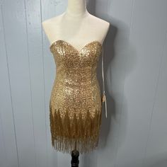 Rachel Allan Gold Size 4 Fully Sequined Short Dress With Fringe Bottom Brand New With Tags Never Worn Just Tried On Hot Pink Homecoming Dress, 2 Piece Formal Dresses, Rachel Allan Prom Dresses, 2 Piece Prom Dress, Sequin Dress Short, Dress With Fringe, Floral Prom Dresses, Long Formal Gowns, One Shoulder Cocktail Dress