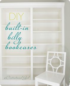 a white bookcase with the words diy built - in billy bookcases on it