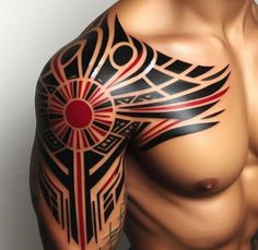 a close up of a man's arm and shoulder with an abstract tattoo design