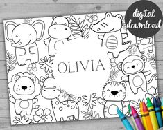 the personalized coloring book for children with animals and plants on it, including an animal name