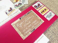 an envelope with stamps on it and some other items to be used for wedding cards