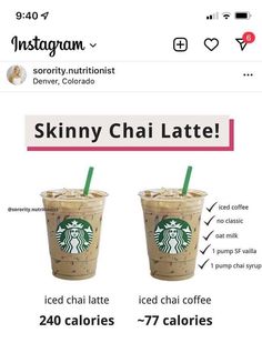 two cups of starbucks drink are shown with information about the different drinks they have in them