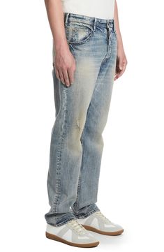 These comfortably broken-in jeans are cut for comfort from soft, low-stretch denim in a relaxed straight-leg fit. Zip fly with button closure Five-pocket style 98% cotton, 2% elastane Machine wash, tumble dry Imported Rugged Straight Leg Bottoms For Everyday, Rugged Relaxed Fit Faded Jeans, Casual Selvedge Rigid Denim Jeans, Rugged Washed Relaxed Fit Jeans, Rugged Washed Blue Straight Leg Jeans, Rugged Straight Leg Washed Blue Jeans, Rugged Medium Wash Jeans With Five Pockets, Rugged Relaxed Fit Straight Leg Bottoms, Casual Faded Straight Leg Jeans