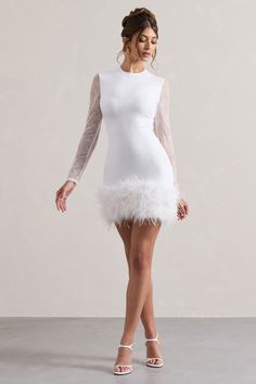 Mariana White Lace Long-Sleeve Mini Dress With Feather Trim – Club L London - USA Dress With Feather Trim, Long Sleeve Lace Mini Dress, Black Dress Prom, Engagement Parties, Black Tie Gala, Flashing Lights, Feather Trim, Maxi Dress Prom, Lace Bodycon