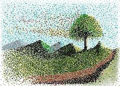 a painting of a tree on top of a hill with hills in the background and dots all over it