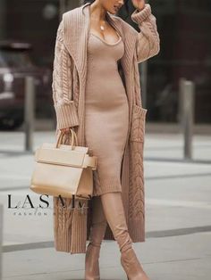 Lasaky - Urban Mid-Length Cardigan with Shawl Collar and Micro-Elastic Loose Fit Beige Dress Outfit, Knit Dress Outfit, Looks Street Style, Looks Chic, Knit Sweater Dress, Fall Fashion Outfits, Komplette Outfits, Luxe Fashion, Fashion Kids