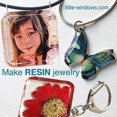 the necklace is made with resin and has a flower, butterfly, and photo on it