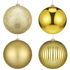 two golden ornaments hanging from strings on white background