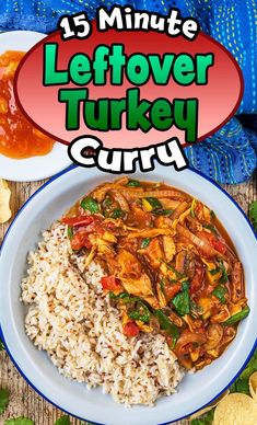 A plate of turkey curry and rice with a text overlay title. Leftover Turkey Curry, Turkey Curry, Leftover Turkey