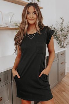 Cuffed Sleeve Black Pocket T-Shirt Dress| Casual Dresses | Magnolia Boutique Trendy Summer Outfits, Crewneck Dress, Basic Dress, Vestido Casual, Pocket Dress, Chic Dress, Daily Outfits, Short Dress, T Shirt Dress