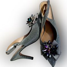 Elegant Evening Fabric With Multi-Color Purple And Emerald Crystals & Bows. Spring Cocktail Slingback Pumps With Heel Strap, Spring Cocktail Slingback Pumps With Pointed Toe, Spring Cocktail Slingback High Heels, Spring Cocktail Slingback Heels, Chic Spring Party Shoe Clips, Formal Summer Shoe Clips, Elegant Evening Shoe Clips For Summer, Elegant Party Shoe Clips For Spring, Elegant Spring Party Shoe Clips