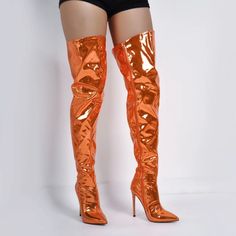 Metallic Orange Knee High Boots Size 11 Orange Party Boots With Round Toe, Trendy Orange Spring Boots, Orange Pointed Toe Boots For Spring, Spring Orange Pointed Toe Boots, Fitted Orange Boots For Fall, Orange Pointed Toe Boots For Fall, Orange Thigh High Boots, Orange Boots, Metallic Orange