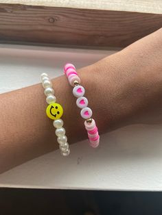 two preppy bracelets️ Trendy Bangle Friendship Bracelets, Trendy Bangle Wristband, Everyday Pink Bangle Friendship Bracelets, Trendy Everyday Bracelets, Trendy Everyday Wristband Bangle, Trendy Bangle Wristband For Everyday, Trendy Everyday Stretch Bracelet, Trendy White Wristband For Everyday, Cute Beaded Bracelets For Friendship