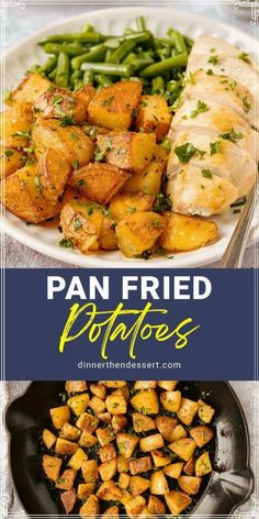 pan fried potatoes and green beans with text overlay