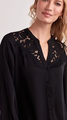 Our Lace Trim Blouse is effortlessly elegant, and perfect for everyday wear. The floral print and lace details gives this a blouse a feminine and alluring look. 3/4 Blouson Sleeve Front Button Closure Split Neck with Lace Detail Blouse Lace, Black Lace Trim Blouse For Layering, Black Lace Trim Blouse For Daywear, Feminine Black Lace Trim Blouse, Vintage Black Blouse With Lace Trim, Cotton Lace Trim Button-up Blouse, Lace Trim Blouse, Batik Fashion, Pretty Blouses