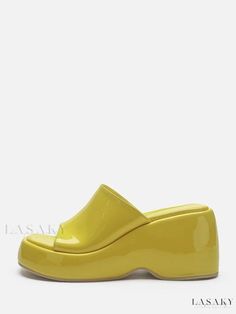 Lasaky - Silver Metallic Slip-On Mules with Platform Flatform and Sandal Slide Design High Heel Wedge Sandals For Summer, Trendy Yellow Jelly Sandals For Summer, Summer Open Toe Polyurethane Sandals, Yellow Round Toe Jelly Sandals For Summer, Yellow Round Toe Jelly Sandals For Spring, Yellow Closed Toe Jelly Sandals For Spring, Summer Platform Sandals In Polyurethane, Summer Platform Sandals Made Of Polyurethane, Yellow Synthetic Jelly Sandals For Spring