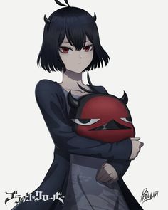 an anime character with black hair and red eyes holding a demon mask on her shoulder