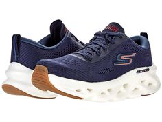 SKECHERS Go Run Glide Step Hyper Burst - Men's Shoes : Navy/Red : This sporty pair of SKECHERS Go Run Glide Step Hyper Burst sneakers are styled with a comfortable air cooled insole that make them perfect for hitting the gym in. Traditional lace-up closure for adjustable fit. Classic SKECHERS logo hits throughout. Textile and synthetic upper. Plush padded tongue and collar. Bumper toe. Round-toe silhouette. Easy pull-tab at heel. Textile lining and insole. Synthetic outsole. Imported. Measuremen Breathable High-top Walking Shoes For Sports, Lace-up Trail Running Shoes With Air Cushioning, Dynamic Lace-up Walking Shoes With Air Cushioning, Lace-up Mesh Running Shoes With Gel Cushioning, Athleisure Sneakers With Branded Insole And Lace-up, High-top Cushioned Sneakers For Sportswear, High-top Sneakers With Cushioned Footbed, Dynamic Lace-up Sports Sneakers, Synthetic Slip-on Running Shoes With Air Max Cushioning