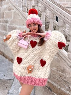 Heyays Lovely Bear Knit Sweater & Beanie Set Valentine's - Etsy Turkey Valentines Day Outfits Casual, Oversized Teddy Bear, Sweet 16 Photos, Teddy Bear Sweater, Pretty Cardigans, Pink Sweater Dress, Valentine Dress, Day Outfits, Valentines Outfits