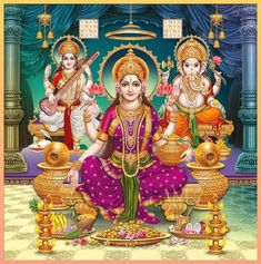 the hindu goddess sitting in front of her three avatars, surrounded by other deities