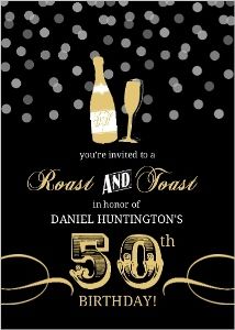 an elegant 50th birthday party card with champagne bottles and confetti on black background