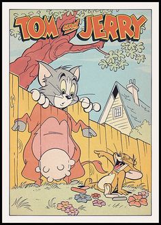 an old comic book cover with tom and jerry in the yard next to a cat