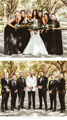 the bride and groom with their bridal party in black tuxedos at this wedding