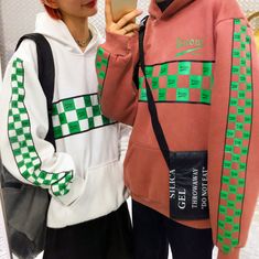 Free Shipping~|| 90s Color Block Checker Hoodie Sweatshirt Leather A Line Skirt, Tokyo Street Style, 90s Colors, Moon Print, Ulzzang Fashion, Hoodie Outfit, Pink Hoodie, Grunge Fashion, Goth Fashion