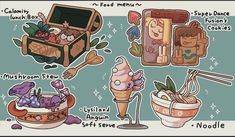 an image of food items that include ice cream, noodles and other things to eat