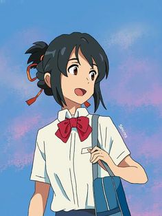 an anime character wearing a white shirt and red bow tie, holding a blue bag