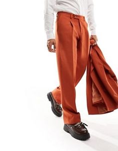 Viggo waffle suit pants in burnt orange | ASOS Orange Trousers, Orange Suit, Oc Outfits, Trousers Men, Dark Orange, Wedding Outfits, Orange Fashion, Suit Pants, Burnt Orange