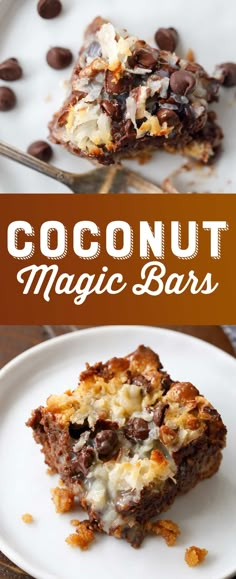 two pieces of chocolate coconut magic bars on a white plate with the title above it